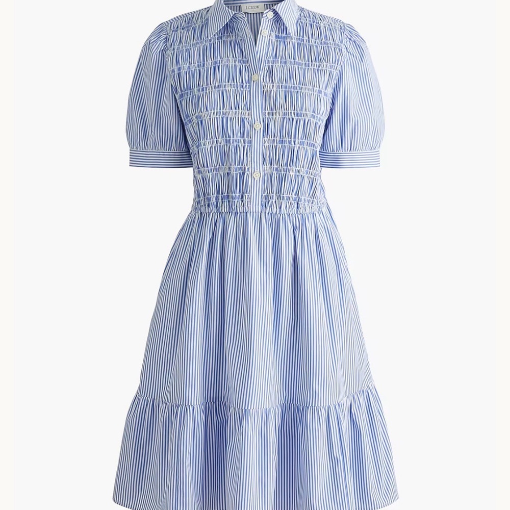 J. Crew Light Blue Pinstripe Smocked Short Sleeve Mini Dress - Picture 2 of 5